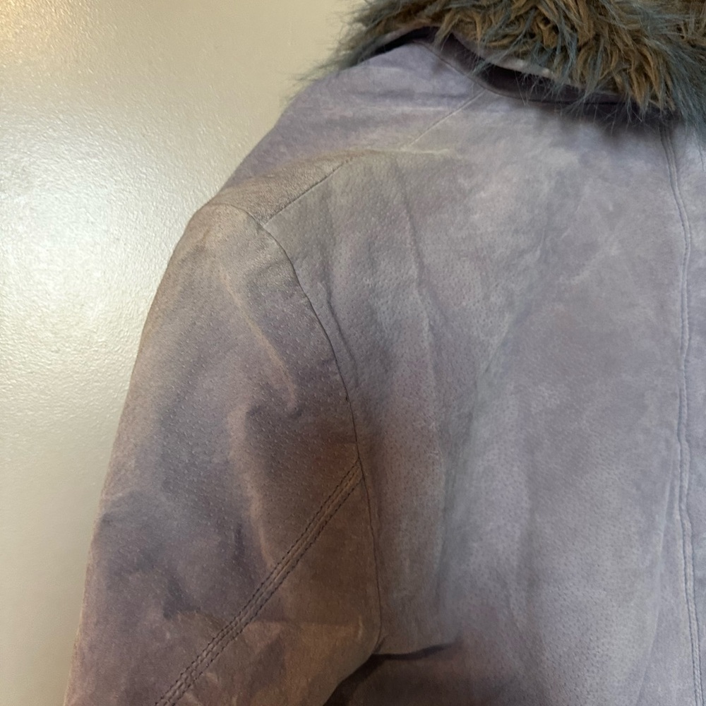 Outbrook Faux Fur Collar Belted Vintage Dusty Periwinkle Suede Jacket - Picture 6 of 10